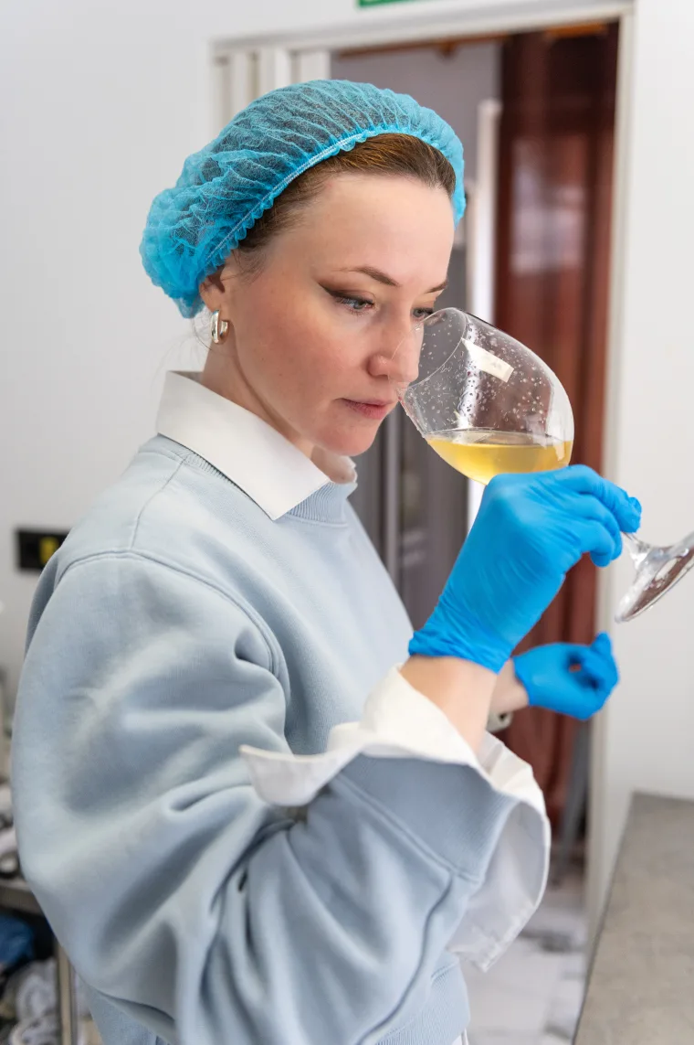 Ioana, founder of Voyage Kombucha, nosing a glass of freshly fermented kombucha in her studio