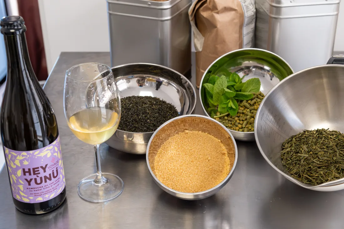 Green tea, Demerara sugar, fresh mint, and hops arranged beside a bottle of Voyage Kombucha